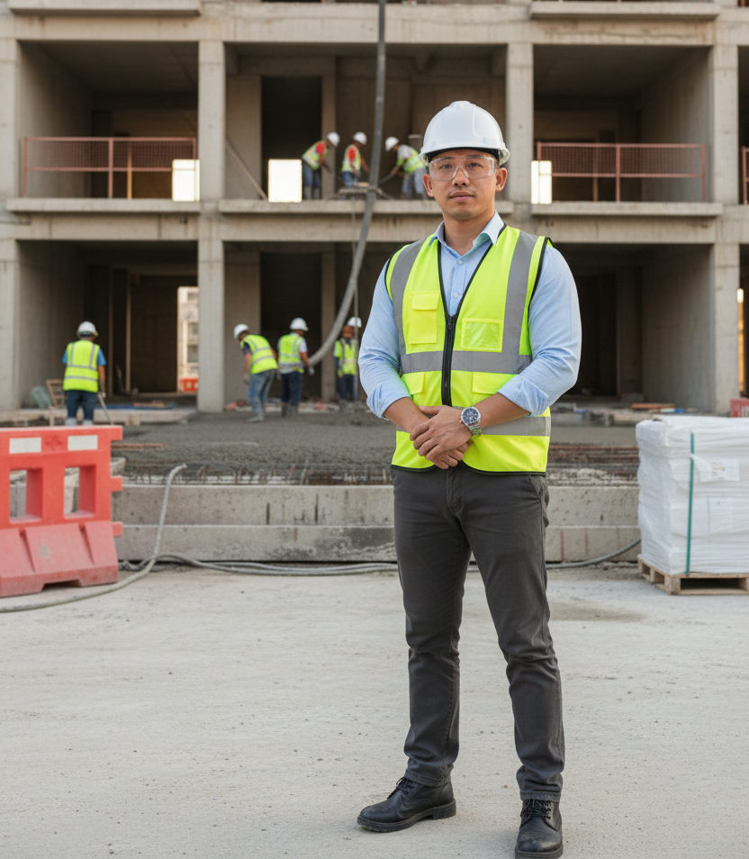 Manajer Proyek Inner Circle Asia di lokasi konstruksi gedung bertingkat